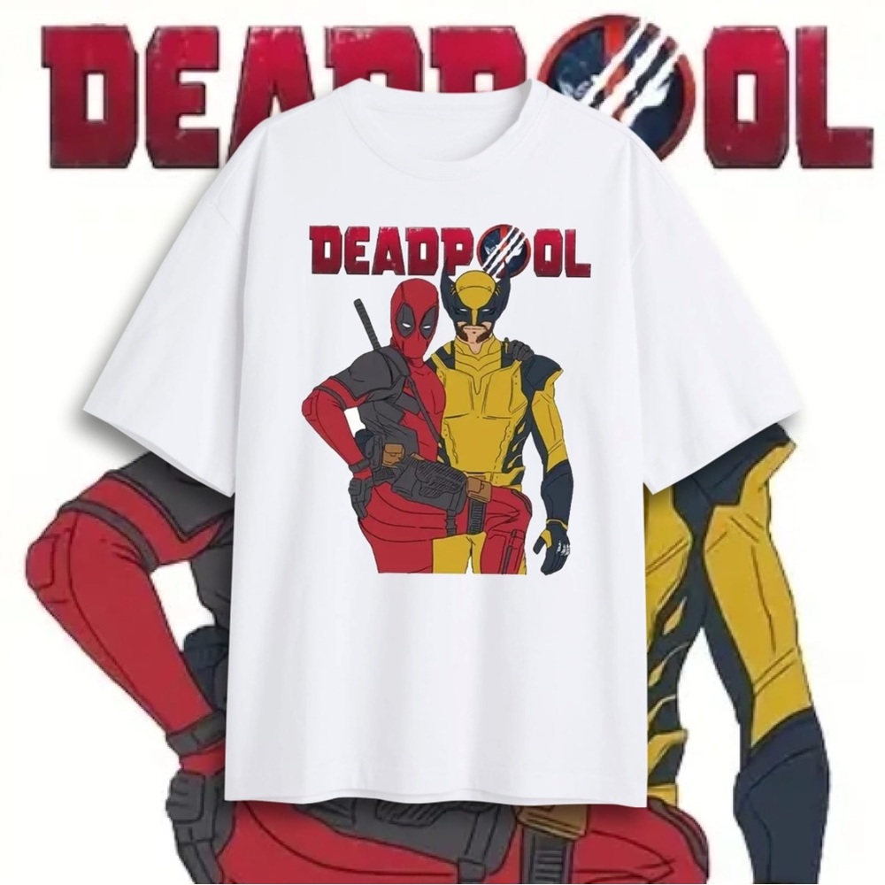 The shirt showcases the iconic characters of Deadpool and Wolverine.